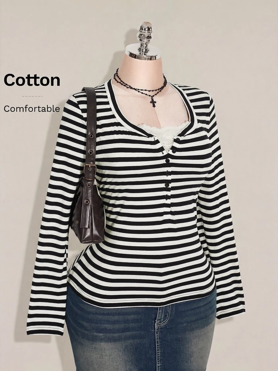 SHEIN ICON Women's Plus Size Autumn/Winter Contrast Lace Black & Gray Striped Fitted T-Shirt Fall - Black and White - View 1