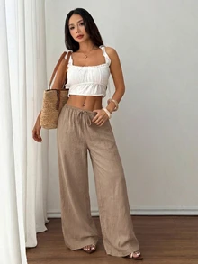 SHEIN PETITE 女款素色休閒百搭日常穿著長褲 - 卡其色 - 查看 6
