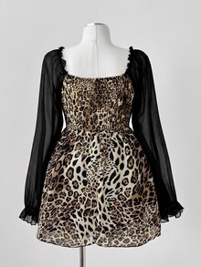 Sunspun Plus Size Women's Lace Patchwork Leopard Print Sexy Versatile Blouse - Multicolor - View 3