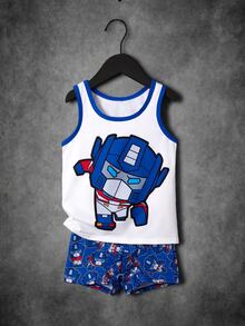 Transformers X SHEIN Young Boy Cartoon Print Colorblock Top & Hipster Underwear Set - Blue and White - View 3