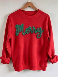 INAWLY 秋冬款 Merry 刺繡落肩休閒運動衫，聖誕快樂刺繡運動衫，聖誕快樂雪尼爾紗線運動衫，基督徒禮物客製化個性化秋冬運動衫，秋冬運動衫時尚禮物 - 紅色 - 查看 3