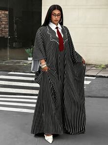 Mawevolt Preppy Style Youthful Mid-Length Blue & White Vertical Striped Loose Batwing Sleeve Shirt Dress Fall - Black and White - View 5