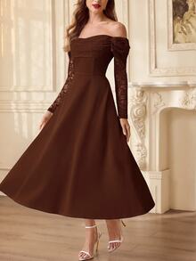 Vintamour Women's Lace Patchwork Tube Casual Party Long Strapless Dress - Brown - View 7