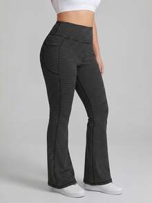 Easithlete Plus Size Black & Grey Contrast Stitching Flared Leg Pants With Pockets - Black - View 3