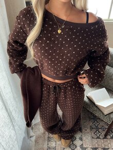 CovetEZ Women Polka Dot Pattern Asymmetric Shoulder Long Sleeve Sweatshirt & Drawstring Waist Pants Two Pieces Set - Brown - View 1