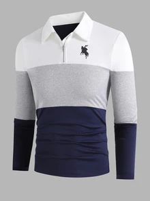 SHEIN 青少年男孩休閒拼色半拉鍊長袖 Polo 衫，復古美式學院風舒適上衣，適合校園日常穿著 - 彩色 - 查看 1