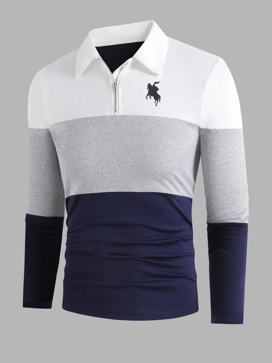 SHEIN 青少年男孩休閒拼色半拉鍊長袖 Polo 衫,復古美式學院風舒適上衣,適合校園日常穿著 - 彩色 - 查看 1