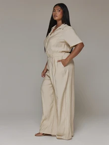 MUSERA Plus Size Beige Extreme Wide Leg Woven Utility Jumpsuit Spring Summer Casual Everyday Day Outfit Going Out - Camel - View 4