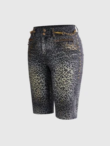 ROMWE Grunge Punk Y2K Retro Sexy Leopard Print Metal Rivet Ultra Low Waist Skinny Denim Shorts - Multicolor - View 5