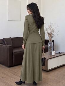 Solavon Women's Solid Color Pleated Long Sleeve Top And Skirt Casual 2 Pieces Set - Army Green - View 6