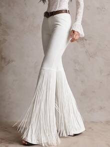 Solivie Women's Flare Leg Pants With Tassel Trim, Long Bell Bottom Trousers, Suitable For Daily Wear, Vintage Romantic Style - White - View 7