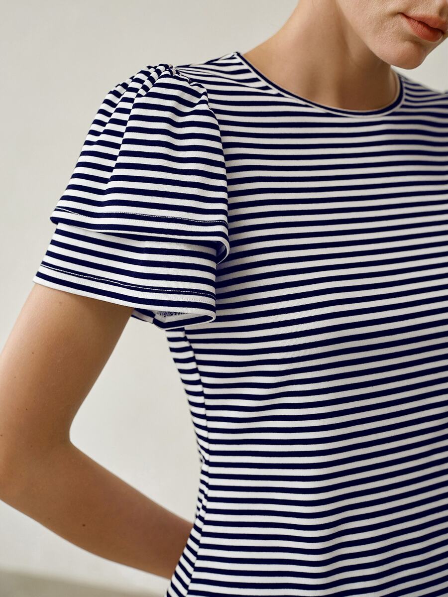 MOTF PREMIUM WOMEN'S CASUAL DOUBLE LAYER RUFFLE SLEEVE ROUND NECK STRIPED T-SHIRT - Navy Blue - View 2