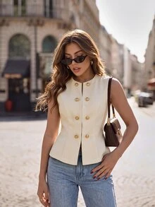 SHEIN Frenchy Women's Double-Breasted Round Neck Casual Versatile Tank Top - Apricot - View 4