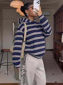 Muchica 女款條紋拼接休閒日常運動衫 - 彩色 - 查看 5