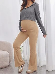 SHEIN Maternity Solid Color Adjustable Waist Casual Flare Pants Fall - Khaki - View 7
