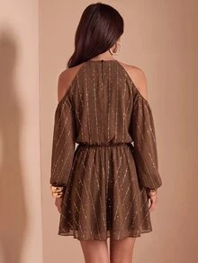 Bluhae Elegant Summer Coffee-Colored Silver Glitter Dress, Halter Neck Cold Shoulder Batwing Sleeve Tie-Up Party Outfit - Coffee - View 2