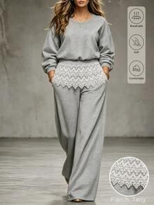 Linhara CURVE Plus Size Women's Slouchy Short Drop Shoulder Sweatshirt & Wide Leg Pants Set, Lace Patchwork Casual 2 Pieces Set, Plus Size Lace Patchwork Casual Sweatshirt & Wide Leg Pants Floral Grey 2 Pieces Set - Grey - View 3