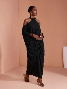 JIAN LASALA Black Chiffon Bat Sleeve Off Shoulder Halter Neck Long Dress - Black - View 5