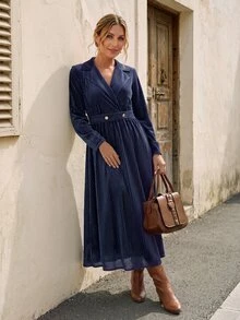 Faunlyn Women's Vintage Elegant Waist Button Decor Striped Print Long Sleeve Midi Dress - Blue - View 1