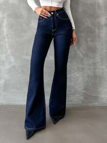 SHEIN بنطلون جينز بخصر عالي وتأثير دافئ، أسلوب كاجوال، لون أزرق داكن بغسيل خام، قصة منتظمة، بأزرار أمامية وقصة واسعة من الأسفل - أزرق داكن - مشاهدة 3