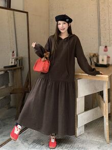 DAZY Women's Casual Hooded Long Sleeve Midi Dress - Brown - View 6
