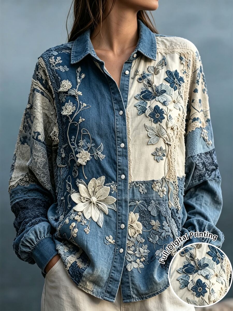 Glimmora 女款復古花卉圖案印花休閒長袖舒適襯衫 - 彩色 - 查看 1