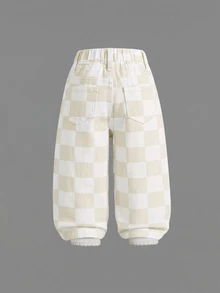 Elladie kids Denimly 嬰兒與幼兒休閒戶外學院風時尚百搭牛仔長褲，彈性腰帶、格紋圖案、水洗牛仔，秋冬款 - 杏色 - 查看 2