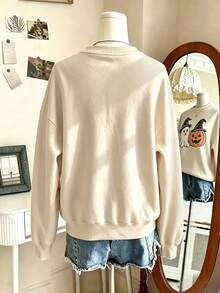 INAWLY Women's Autumn Halloween 3D Flocked Foam Print Crew Neck Sweatshirt - Khaki - View 2