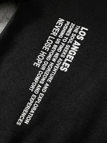 SHEIN 青少年男孩 2件組 LA字母與標語圖案純黑色連帽衛衣與運動長褲套裝，休閒運動套裝，秋季穿搭，秋冬款 - 黑色 - 查看 4