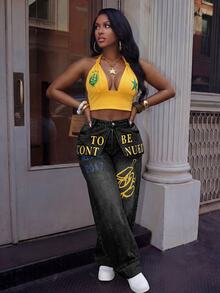 Slaydiva Celana Jeans Denim Wanita Longgar Fashion dengan Kancing, Motif Huruf Warna Kontras dan Efek Washed - Hitam - View 6
