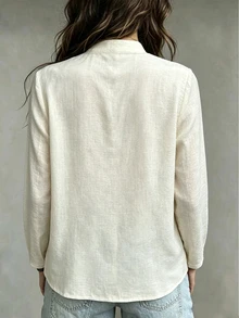 SHEIN بلوزة نسائية بلون موحد أنيقة بأسلوب صيني جديد وياقة مائلة وأزرار فرغ طويلة الأكمام فضفاضة - لون مشمشي - مشاهدة 2