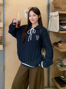 DAZY Women's Loose Front Tie Casual Sweater - Navy Blue - View 3