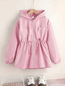 SHEIN 青少年女孩寬鬆休閒連帽極簡純色收腰長袖百搭風衣 - 粉色 - 查看 5