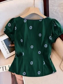 SHEIN Clasi 女款大尺碼圓領印花休閒外出上衣 - 綠色 - 查看 2