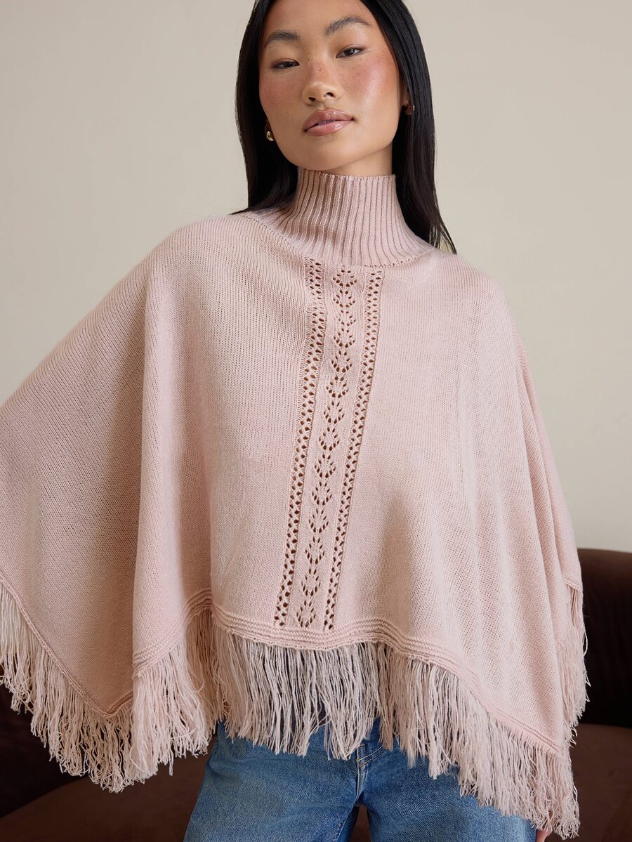 COSMINA Women's Camel Fringe Turtleneck Cape Sweater, Shawl Wrap Knit Top, Elegant Pullover - Baby Pink - View 1