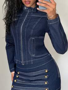 Jeanoix Women's Y2K Stand Collar Zipper Washed Denim Jacket - Dark Wash - View 9