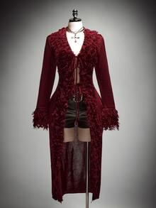SHEIN ICON Cardigan Rajut Musim Dingin Ukuran Besar Model Vintage Y2K Leher V dengan Tali Pengikat di Depan dan Hiasan Rumbai Bulu - Burgundy - View 1