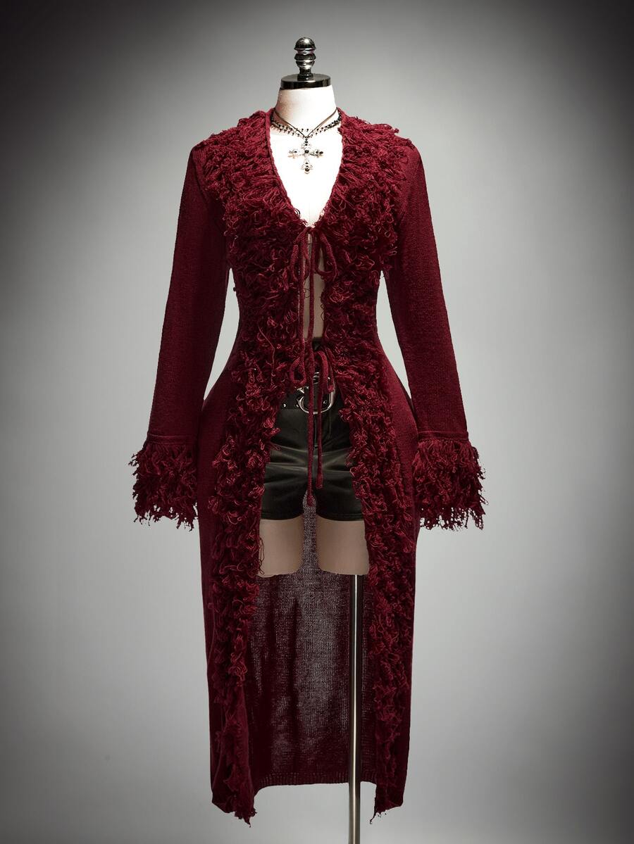SHEIN ICON Cardigan Rajut Musim Dingin Ukuran Besar Model Vintage Y2K Leher V dengan Tali Pengikat di Depan dan Hiasan Rumbai Bulu - Burgundy - View 1