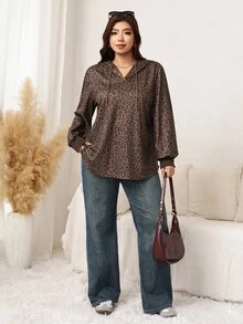 Easowa Curve Sweatshirt Wanita Ukuran Besar Motif Leopard, Lengan Panjang, Kasual, Sepanjang Musim - Coklat - View 4