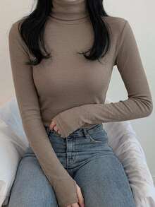 DAZY 女款純色高領長袖修身內搭T恤 - 灰色 - 查看 2