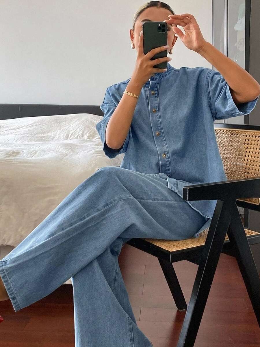 Livesso Autumn Women's Denim Set With Light Blue Washed Short Sleeve Button-Up Collar Top And Skirt - Blue - View 1