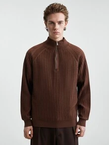 RONVEXI Men's Fashion Textured Zipper Half-Placket Long Sleeve Sweater - Coffee Brown - View 6