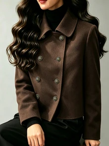 SHEIN Women's Commuter Street Minimalist Fashion Casual Versatile Brown Lapel Double-Breasted Bronze Button Long Sleeve Napoleon Style Overcoat, Suitable For Outings, Gatherings With Friends, Home, Shopping, Entertainment, Work And More, All-Match Style With Comfortable Fabric, Unique Design, High Cost-Performance, Suitable For Spring, Autumn And Winter - Brown - View 5