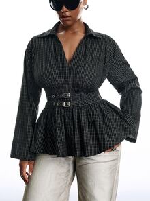 LYSMO Plus Size Women's Plaid Long Sleeve Waist Eyelet Buckle Casual Shirt Fall - Multicolor - View 5