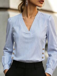SHEIN Women's Minimalist Commuter V-Neck Casual Loose Button Decor Long Sleeve College Style Daily Wear Blouse - White - View 5