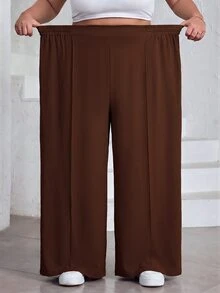 SHEIN CURVE+ 大尺碼女款純色百褶長褲，黑色寬鬆寬腿褲，Curve Plus，Hoho Vacation - 棕色 - 查看 5