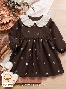 Baby Girl Peter Pan Collar Daisy Pattern Long Sleeve Cute Dress - Multicolor - View 7