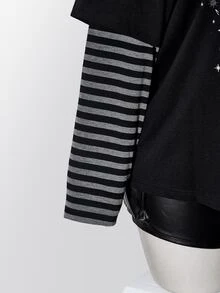 SHEIN ICON Women Plus Size Letter Skull Print Patchwork Striped 2 In 1 T-Shirt - Black - View 4