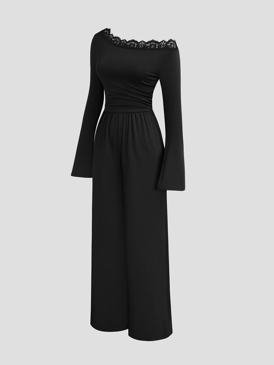 SHEIN PETITE Women's Black Casual Minimalist Comfortable Versatile Asymmetrical Shoulder Lace Patchwork Flared Sleeve Ruched Slim Fit Jumpsuit - Black - View 1