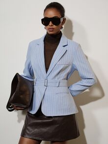 Aveloria Modichic 女款條紋圖案長袖翻領腰帶式圓弧下擺西裝外套 - 彩色 - 查看 6